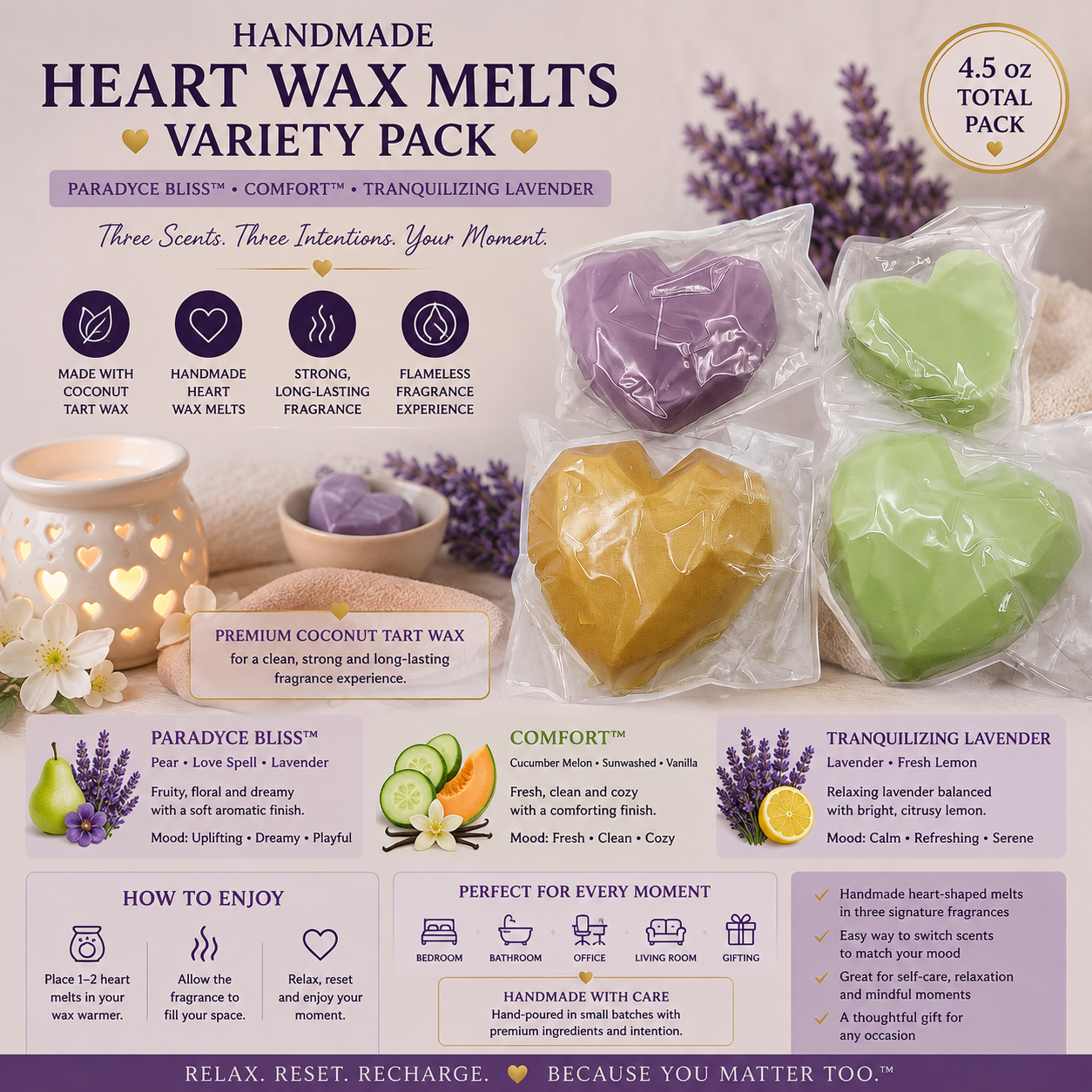 Handmade Heart Wax Melts Variety Pack – Paradyce Bliss™, Comfort™ & Tranquilizing Lavender | 4.5 oz Coconut Tart Wax