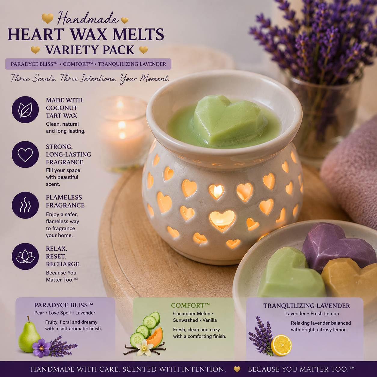 Handmade Heart Wax Melts Variety Pack – Paradyce Bliss™, Comfort™ & Tranquilizing Lavender | 4.5 oz Coconut Tart Wax