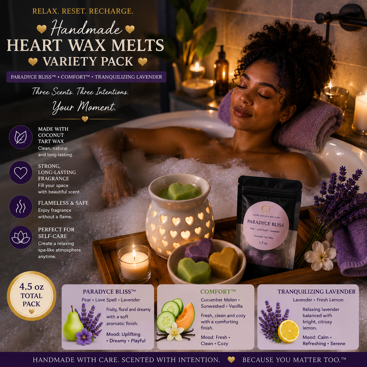 Handmade Heart Wax Melts Variety Pack – Paradyce Bliss™, Comfort™ & Tranquilizing Lavender | 4.5 oz Coconut Tart Wax