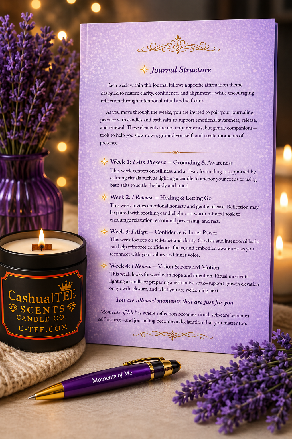 A printed journal structure card with lavender-purple text and decorative gold accents, styled on a dark surface with a purple candle, lavender flowers, a gold pen, and a branded CashUlee Scents Candle Co label in the background.
