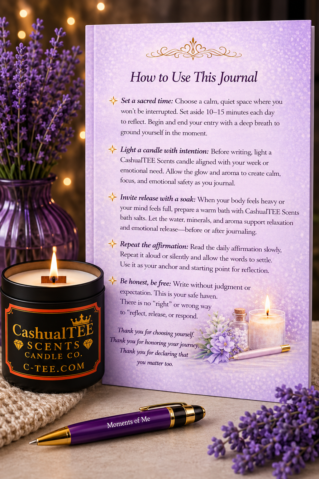 A printed journaling guide card titled 'How to Use This Journal' is displayed upright on a styled tabletop with a lavender candle, a purple pen, and purple flowers. The card includes instructional text and a lavender decorative border.