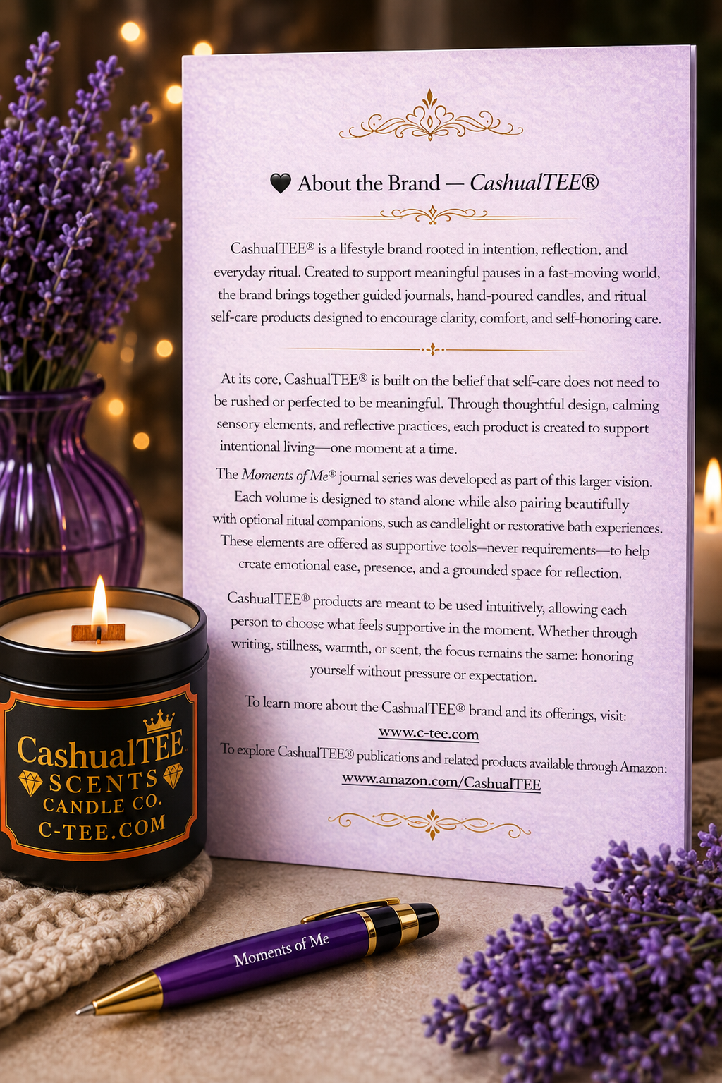 A printed brand card for CashualTEE sits on a table surrounded by lavender buds, a lit candle in a black jar labeled CashualTEE SCENTS, and a purple pen.