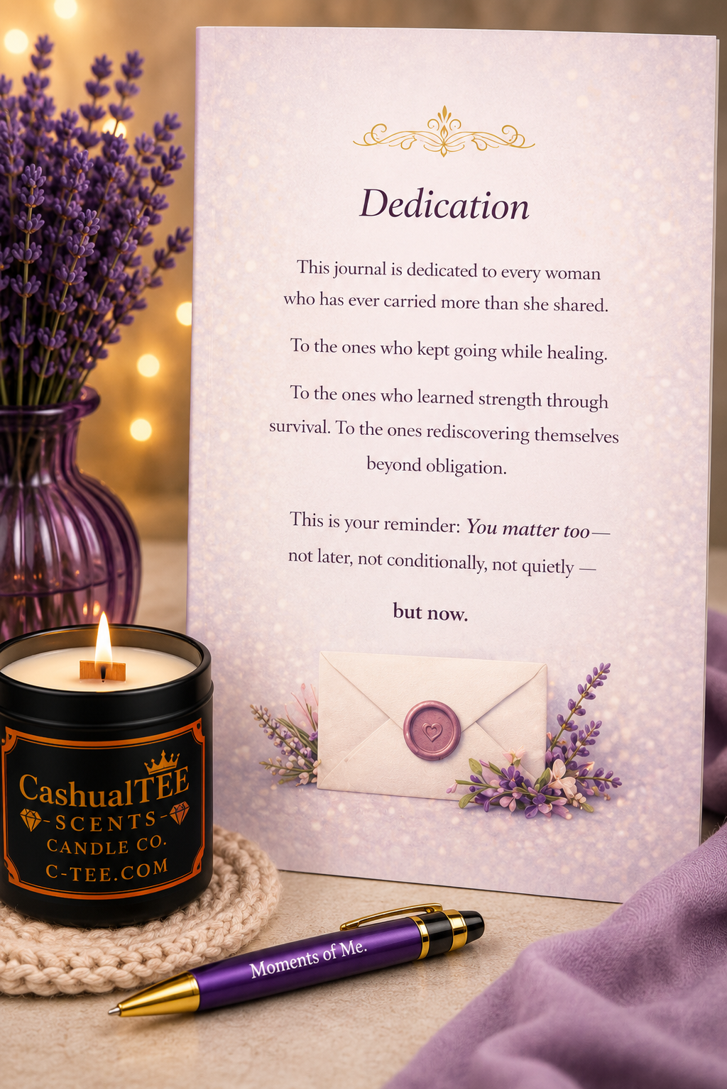 A square white journal with elegant gold calligraphy at the top and a 'Dedication' poem printed on the cover, styled with a purple wax candle in a black jar, a purple pen, and lavender sprigs on a neutral background.