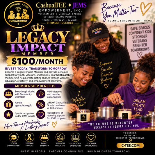 A promotional flyer for CashuTee & JEMS, featuring a man and a young girl playing chess at a table, with text overlays detailing membership benefits and company values.