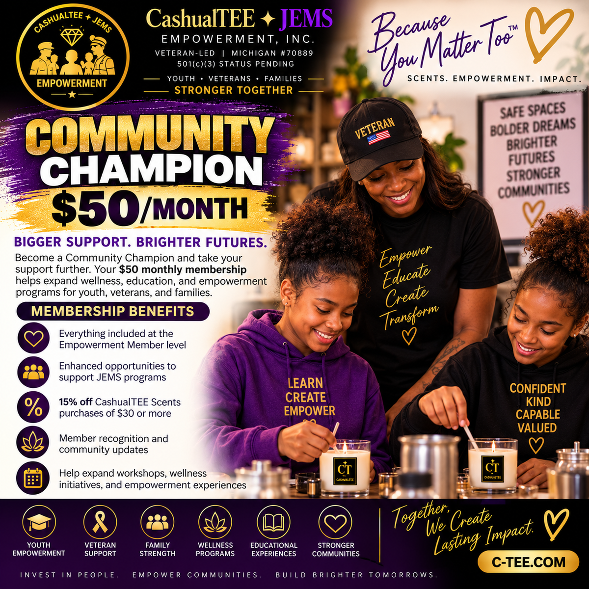 A promotional flyer for CashualTee & JEMS Empowerment, Inc., featuring three women in a workshop setting with a purple and white color scheme.