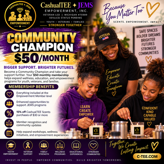 A promotional flyer for CashualTee & JEMS Empowerment, Inc., featuring three women in a workshop setting with a purple and white color scheme.