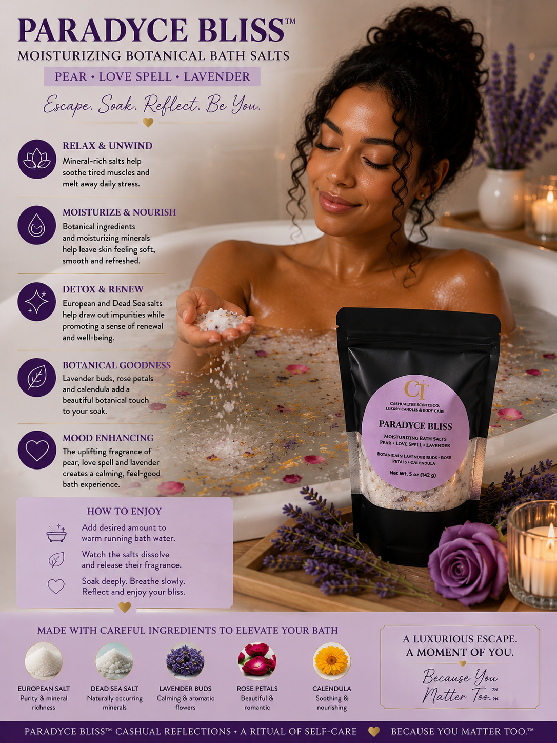 A promotional graphic for Paradyce Bliss Botanical Bath Salts, featuring a woman in a bubble bath holding a white bath salt packet. The right side displays the black pouch of Pear-Love-Spell-Lavender bath salts with a purple label.
