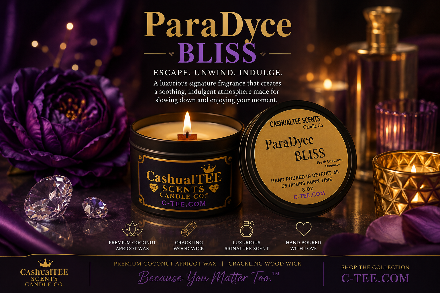 A lit candle in a black metal tin with the lid beside it, set in a luxurious dark purple and black fragrance advertisement. The label reads 'ParaDyce BLISS' and shows the brand 'CashualTEE SCENTS Candle Co.