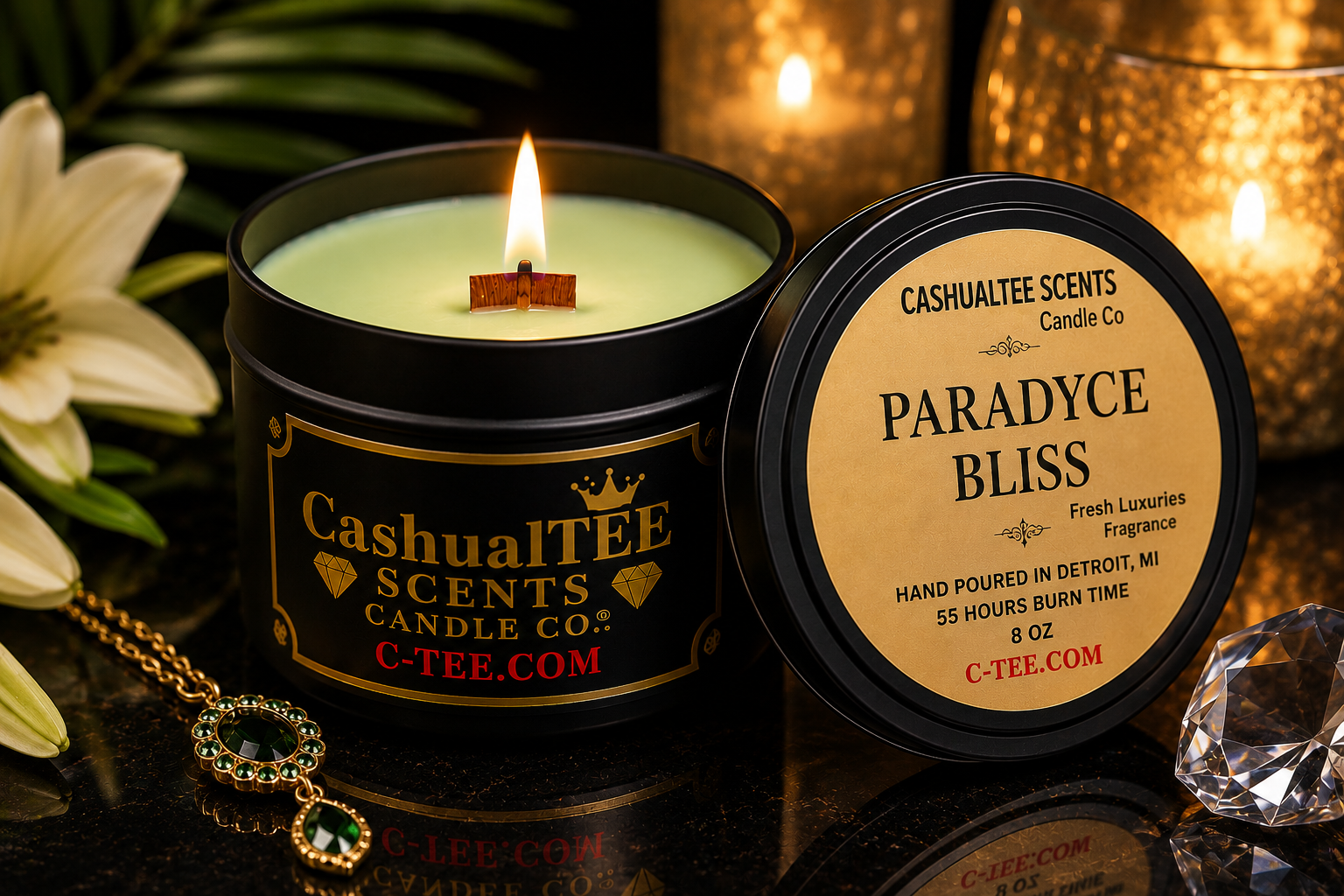 A lit black metal candle tin labeled CashualTEE SCENTS Candle Co. and Paradyce Bliss, shown with its lid beside it on a reflective dark surface, with warm blurred candles and decorative flowers in the background.