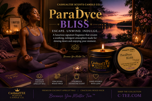 Promotional product graphic for the Cashualite Scents Candle Co. ParaDye Bliss candle.