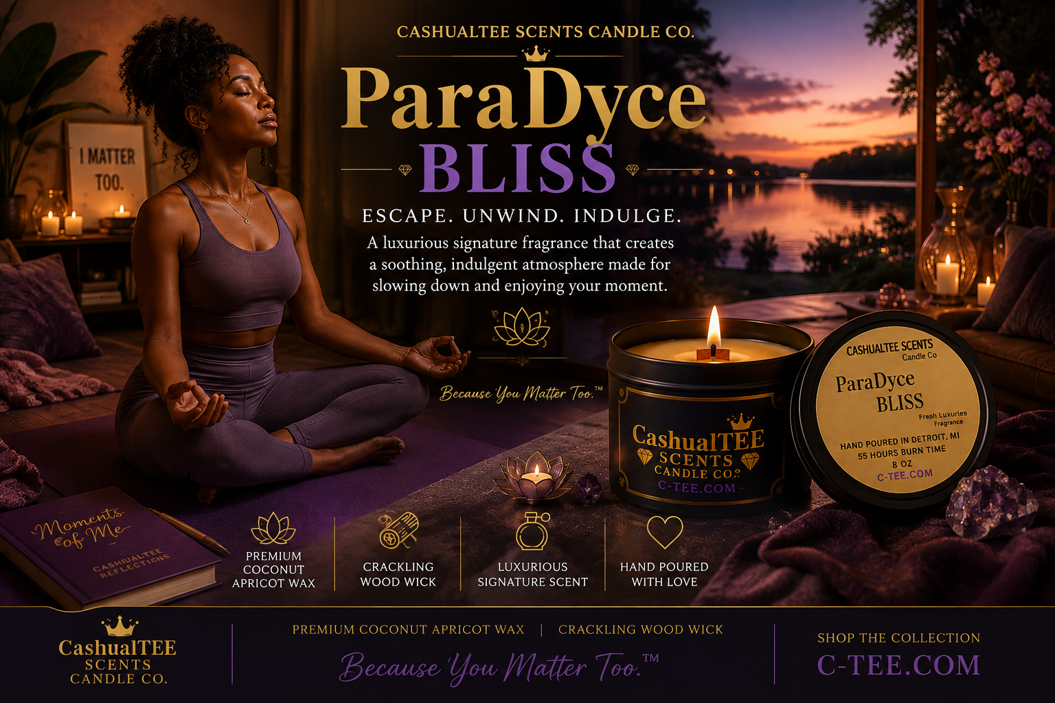 Promotional product graphic for the Cashualite Scents Candle Co. ParaDye Bliss candle.