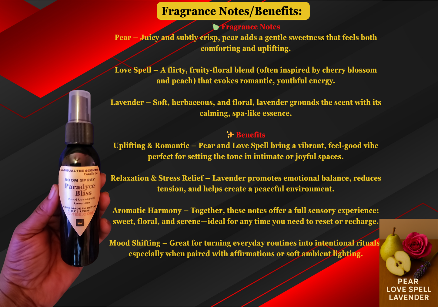 Bottle of perfume with fragrance notes and benefits text on a dark background