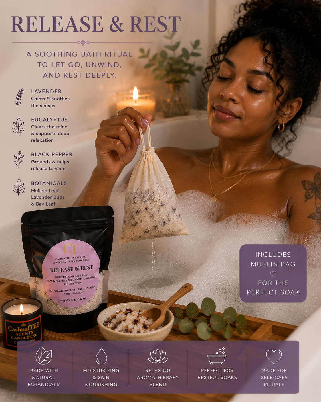 A woman in a bubble bath holds a small muslin bag with lavender buds dripping into a bowl. The scene includes a branded bath soak pouch, a candle, a wooden tray, and text describing the relaxing botanical blend.