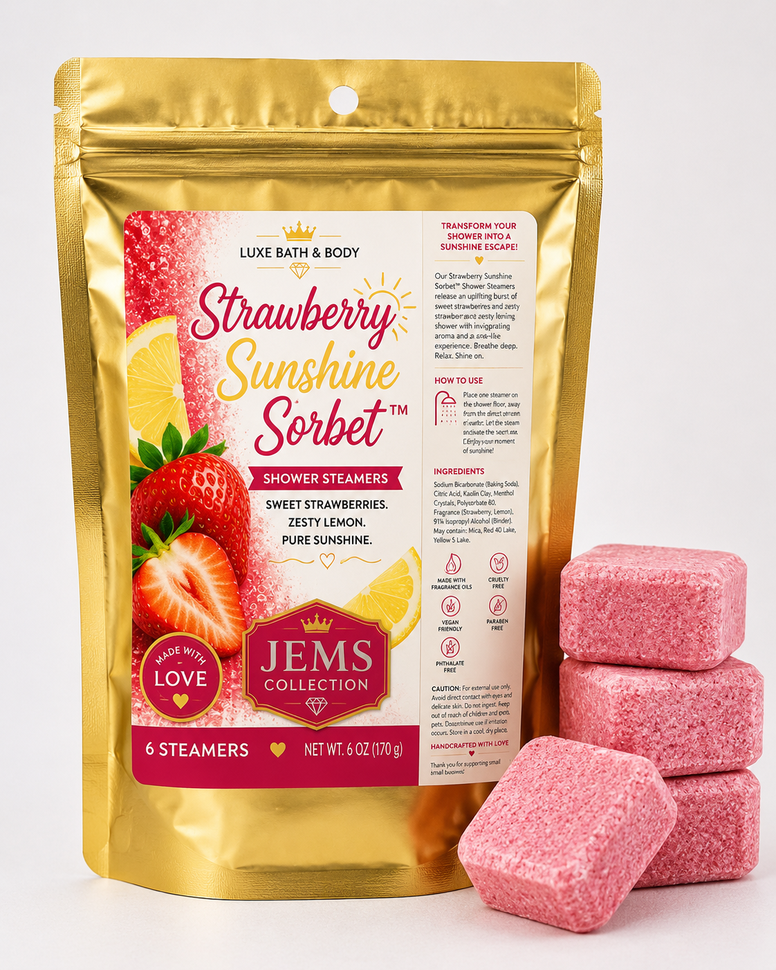 A stand-up pouch of Luxe Bath & Body Strawberry Sunshine Sorbet shower steamers by Jems Collection, shown next to four pink textured steamers on a clean white background.