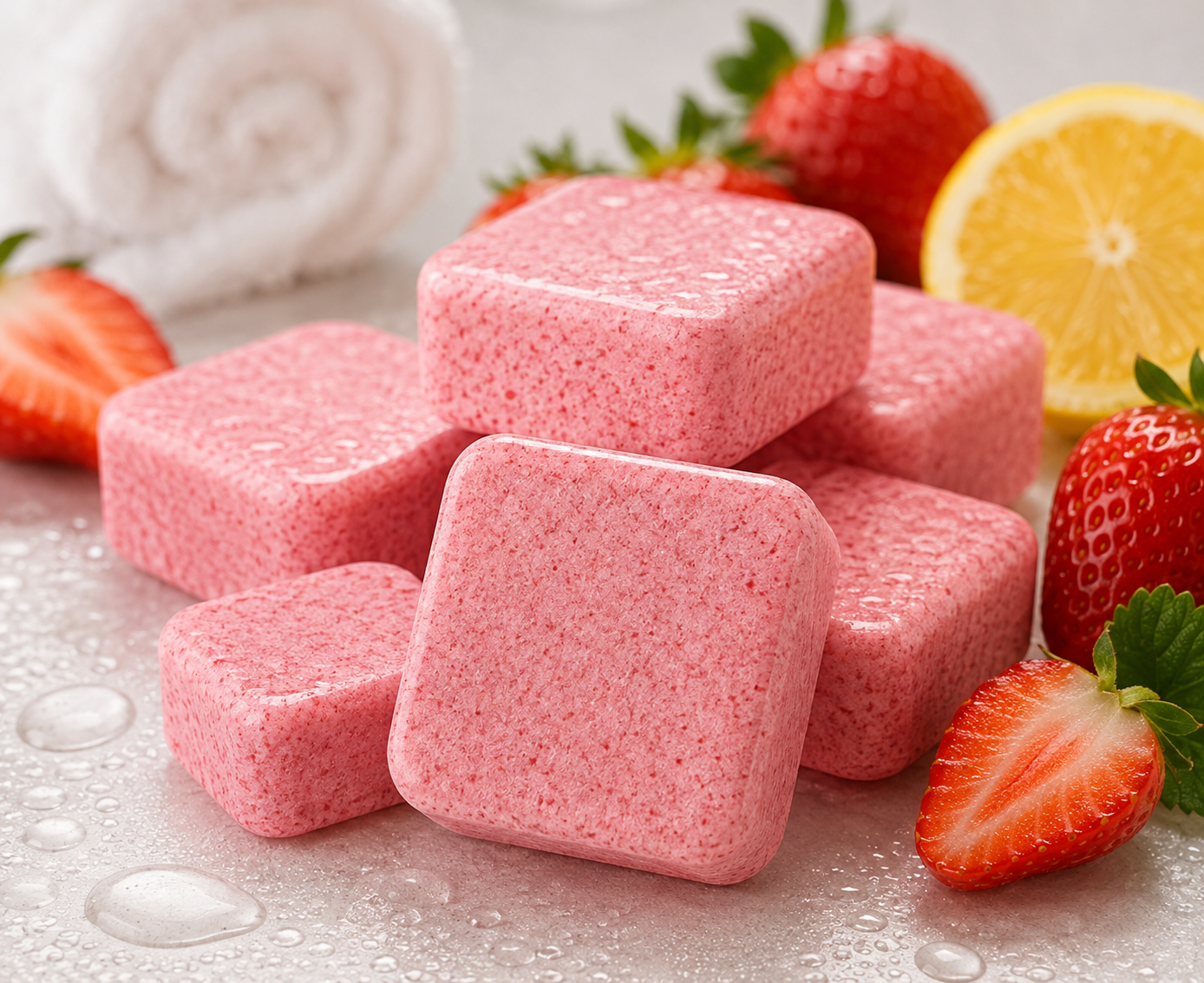Pink strawberry bath bomb cubes arranged on a white surface with water droplets, surrounded by fresh strawberries, a lemon slice, and a rolled white towel in the background.