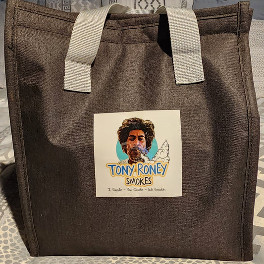 A BAG WITH A LABEL THAT SAYS TONY RONEY SMOKES TRAVEL BAG
