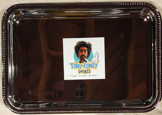 A TRAY WITH A LABEL THAT SAYS TONY RONEY SMOKES TRAY