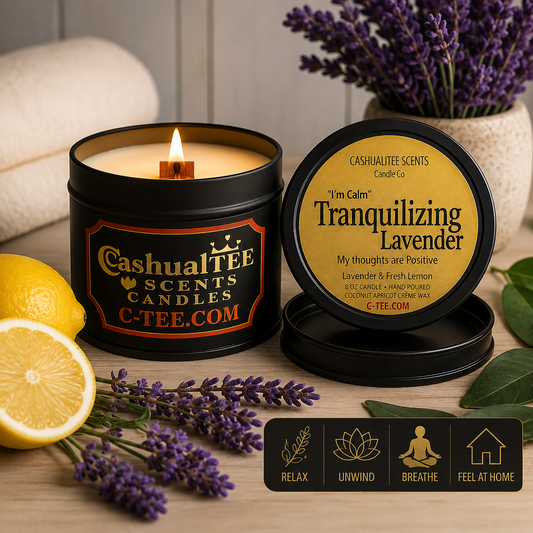 A black metal candle tin labeled 'Tranquilizing Lavender' by Cashual Tee Scents is shown lit on a tabletop, with the matching lid placed beside it. The scene includes lavender sprigs, a lemon half, a full lemon, and a soft neutral fabric background, with a small feature icon strip at the bottom.