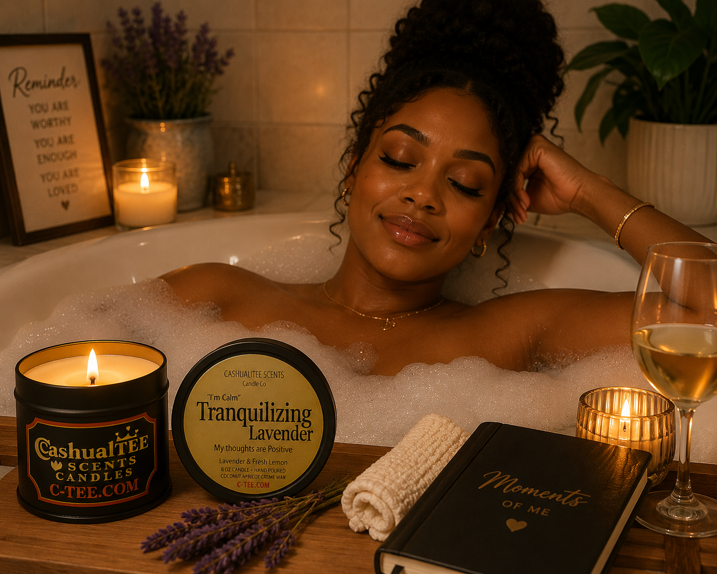A woman relaxes in a bubble bath with candles, lavender sprigs, a wine glass, and a journal in a cozy bathroom setting. Prominent products in the foreground include a lit candle labeled Cashualtee Scented Candles and a round tin labeled Tranquilizing Lavender by Calm & Co.