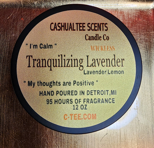 A wickless candle with a label that says TRANQUILIZING LAVENDER WICKLESS CANDLE – Lavender _ Lemons