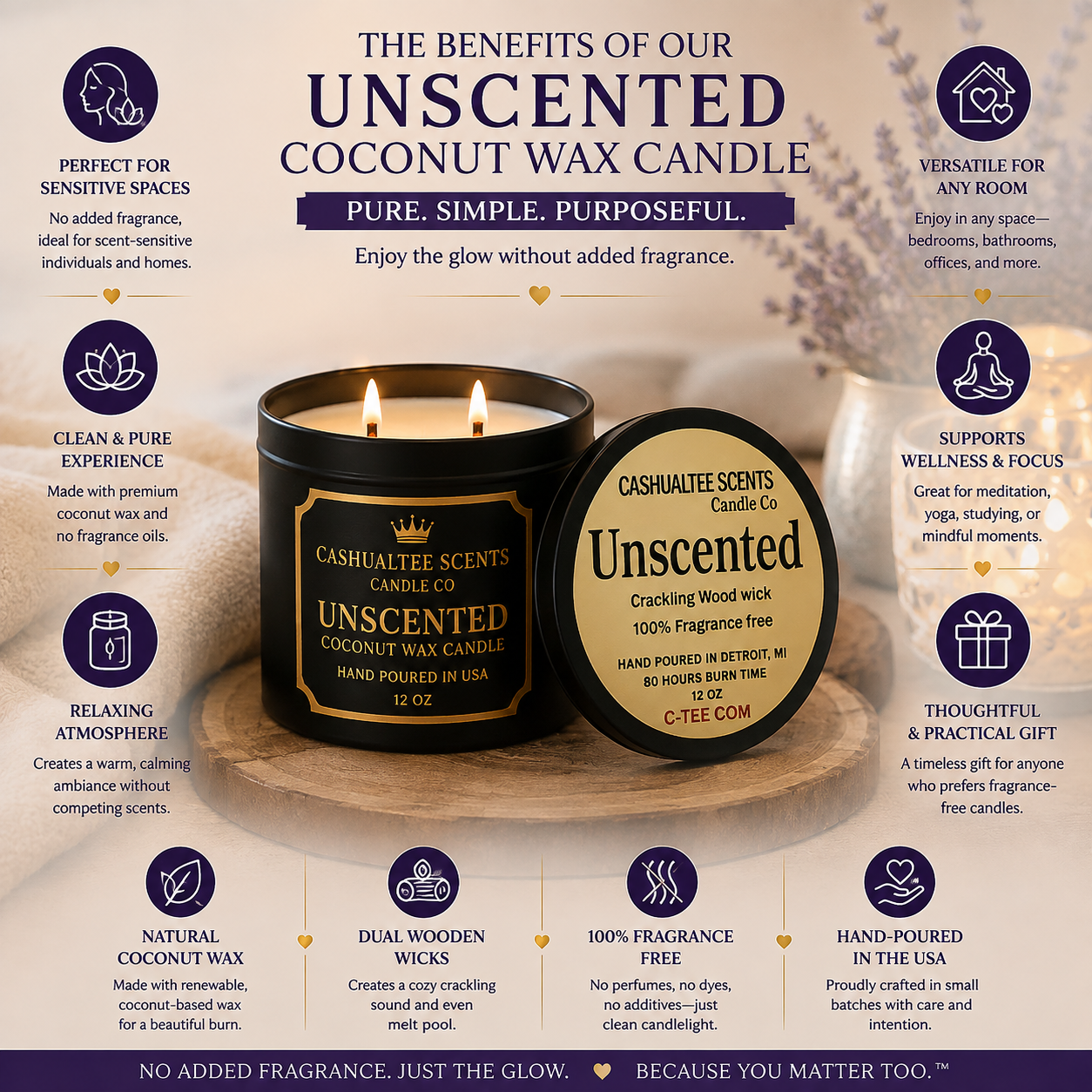 Unscented Coconut Wax Candle – 12 oz Dual Wooden Wick | Hand-Poured in USA
