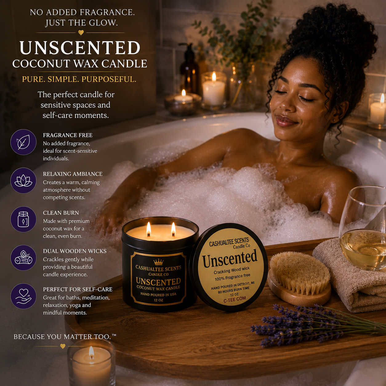 Unscented Coconut Wax Candle – 12 oz Dual Wooden Wick | Hand-Poured in USA
