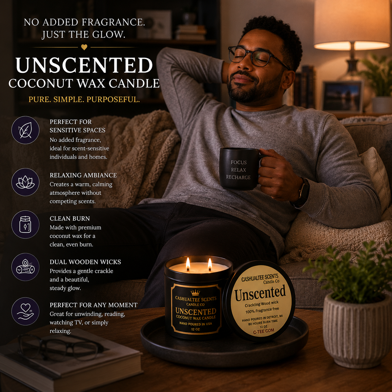 Unscented Coconut Wax Candle – 12 oz Dual Wooden Wick | Hand-Poured in USA