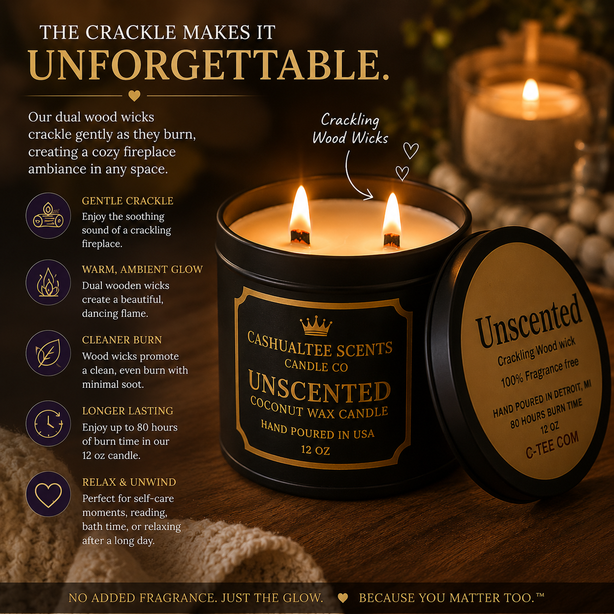 Unscented Coconut Wax Candle – 12 oz Dual Wooden Wick | Hand-Poured in USA