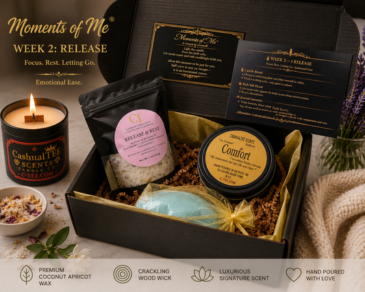 A luxury gift set box labeled 'Moments of Me - Week 2: Release' by Focus Rest. Letting Go, containing a black scented candle, a black pouch of bath salts, a round tin of 'Comfort' body wash, and a wrapped blue bar, arranged on a tabletop with a candle, lavender, and a knitted blanket.