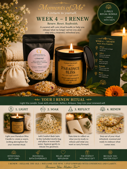 A promotional collage for the Moments of Me Week 4 Ritual Bundle, featuring a lit Paradyne Bliss candle, a black Comfort bath salt bag, a green ritual guide, and smaller bath and body items arranged with flowers and candles on a beige surface.