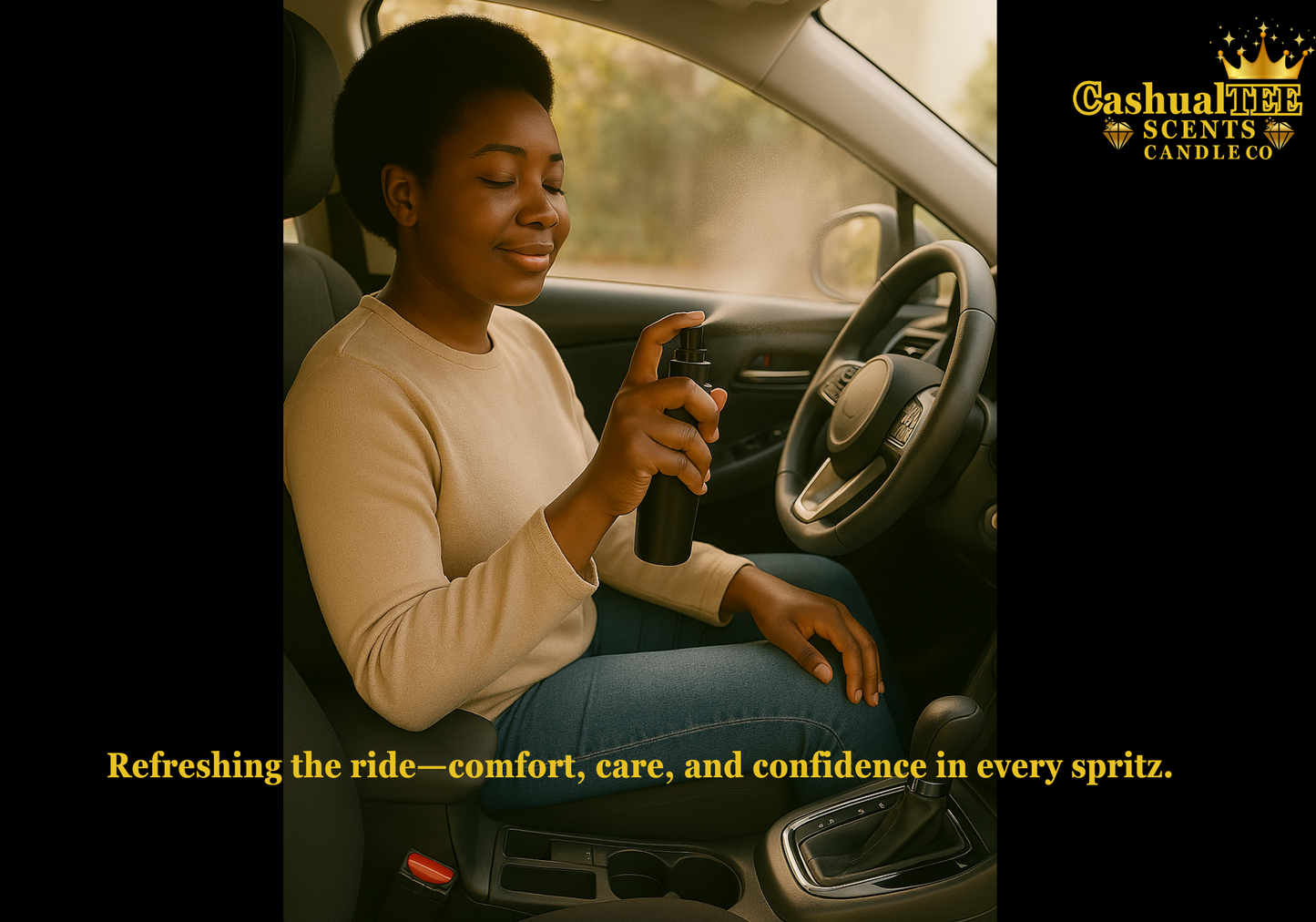 Woman sitting in a car holding a spray bottle with 'Gashuul Scents Candle Co' branding.
