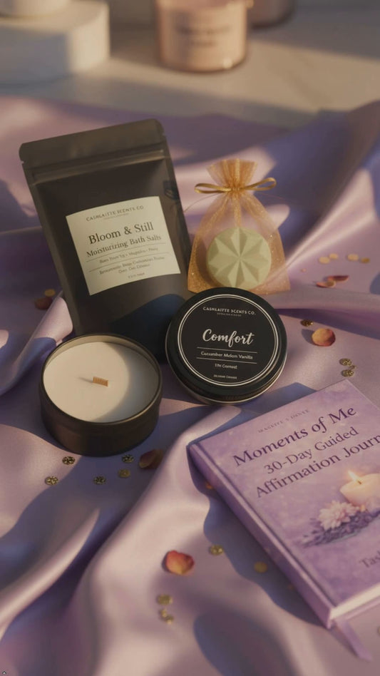 Self Care Gift Set Cashual Reflections Wk 1 – Comfort Candle & Bloom & Still Bath Salts – Grounding Spa Ritual Bundle