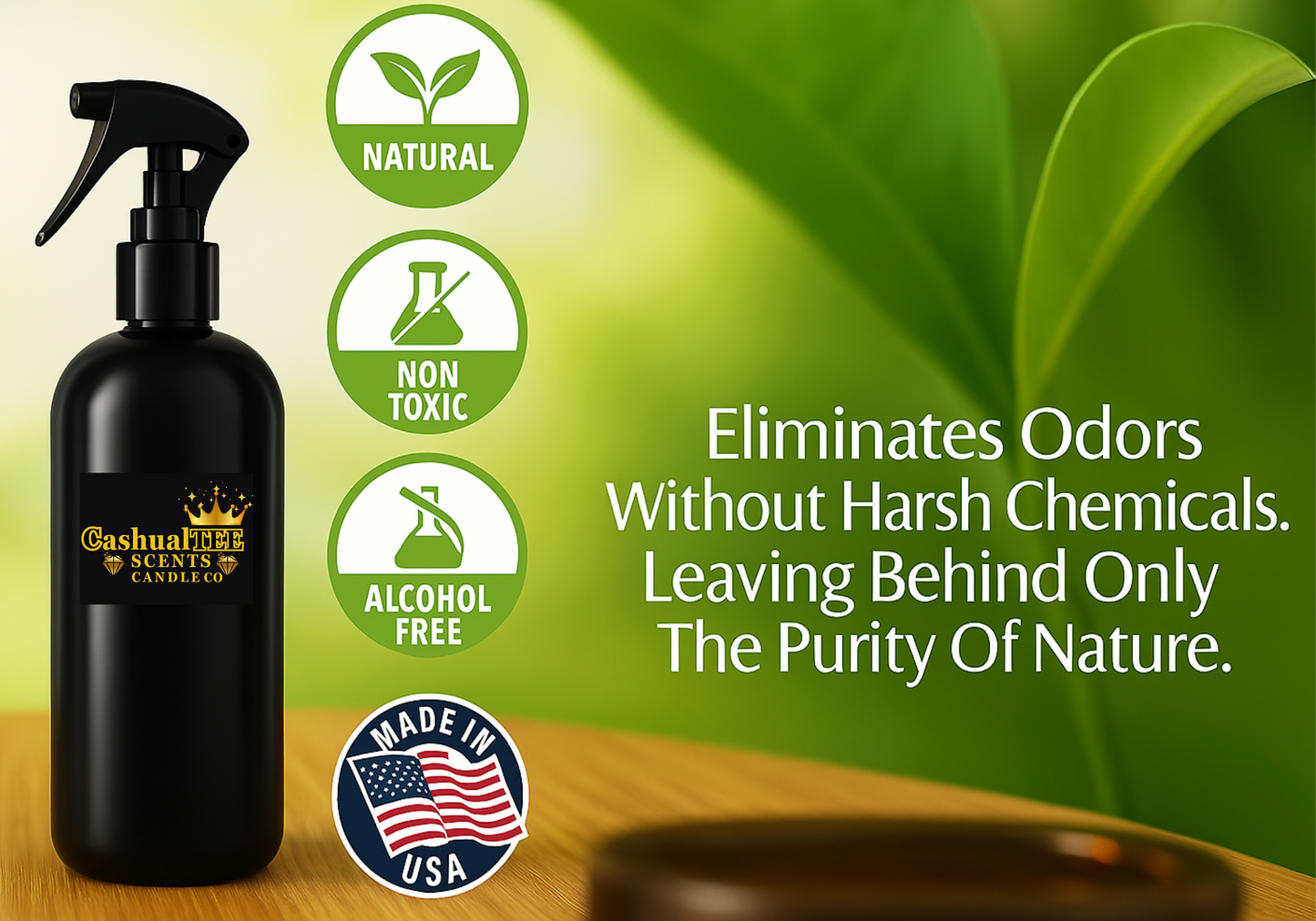 Black spray bottle with green leaf background, emphasizing natural and non-toxic properties.
