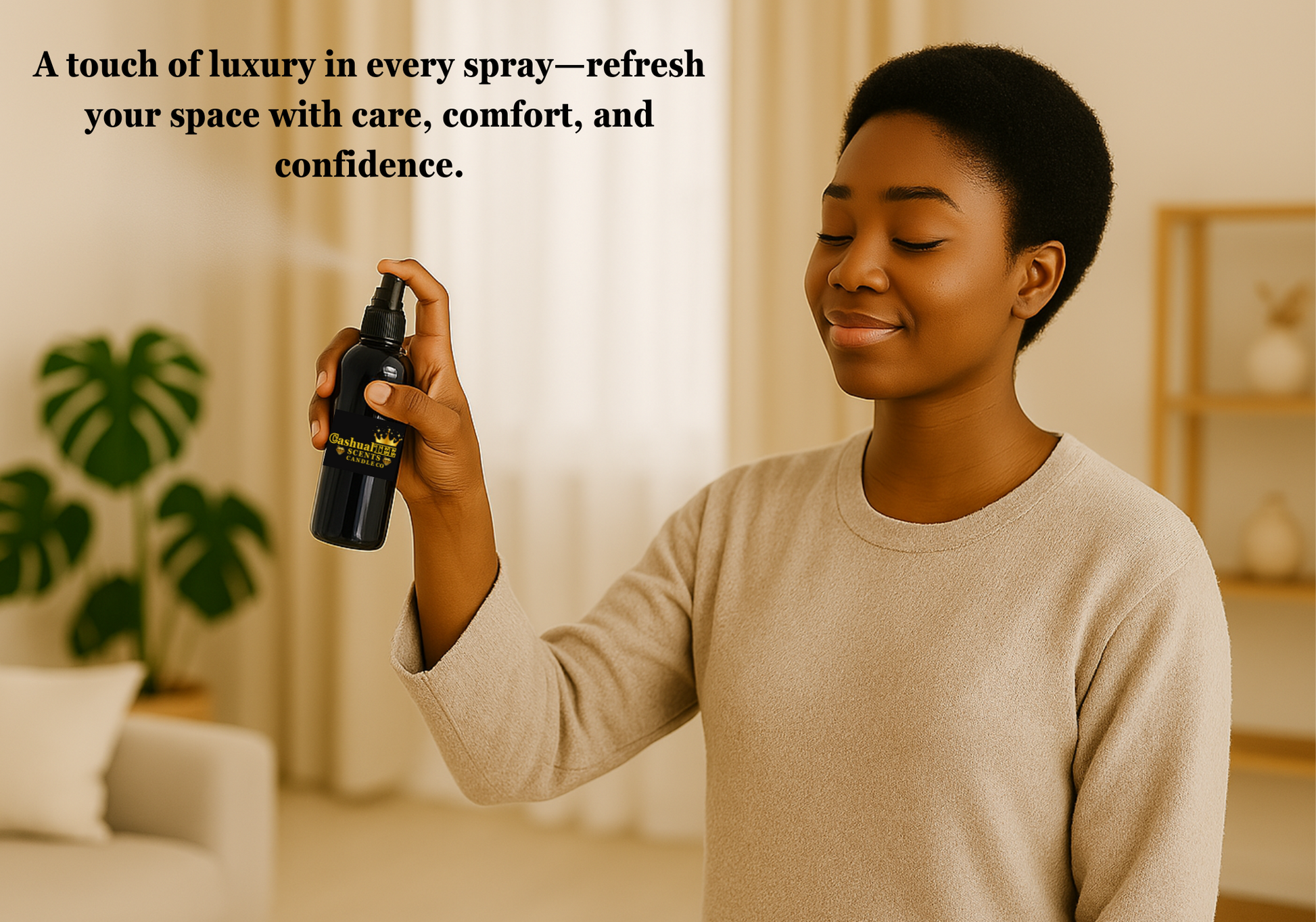Woman holding a spray bottle with text about luxury and care.